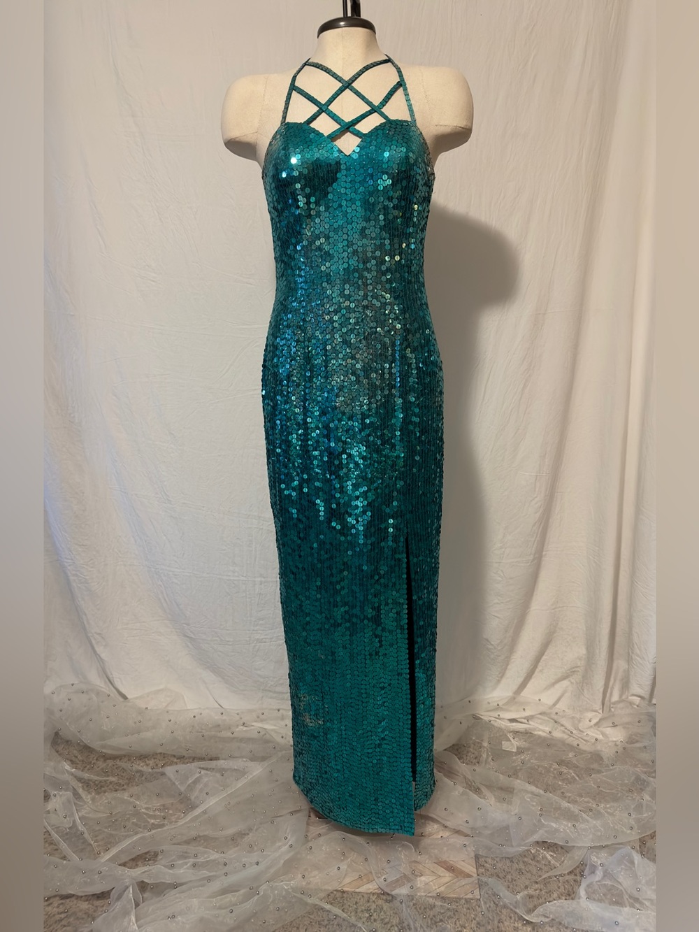 NWT Vintage Y2K Adrianna Papell Teal Sequin Prom Gown Sz 8 Mermaidcore